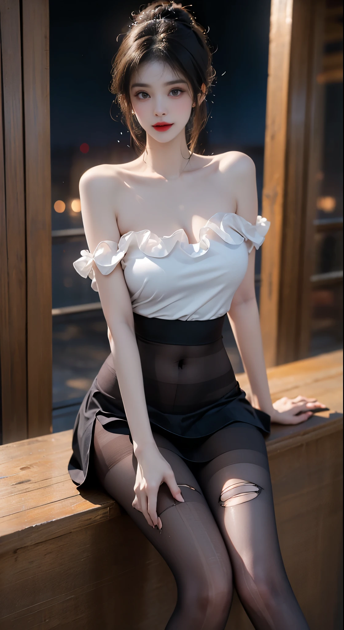 Special clothes34,bare shoulders,shirt,  ((Bare shoulders)), ((Full breasts)), ((The skirt is short)), ((Sexy legs)), ((whole body)), ((torn pantyhose)), Practical, Fashion girl, Red lips, Mature women, Exquisite makeup, big eyes, beautiful, (best quality, masterpiece:1.2), The right hand, The right hand指, Anatomically correct, Ultra Detailed, (Practical:1.37), ((Random scenes, Random shooting angles)), ((Sexy long legs)), Young and energetic, Charming model, (Delicateeyes, Delicate lips), Show a bright smile, Create stunning girl images, warm color, Very high color saturation, Official Art, Extremely detailed CG, Unity 8K Wallpaper, (High Dynamic Range :1.4), (Movie atmosphere),(Soft colors), (Natural skin texture, ultra-Practical, Soft Light, sharp),(Very detailed), night, moonlight