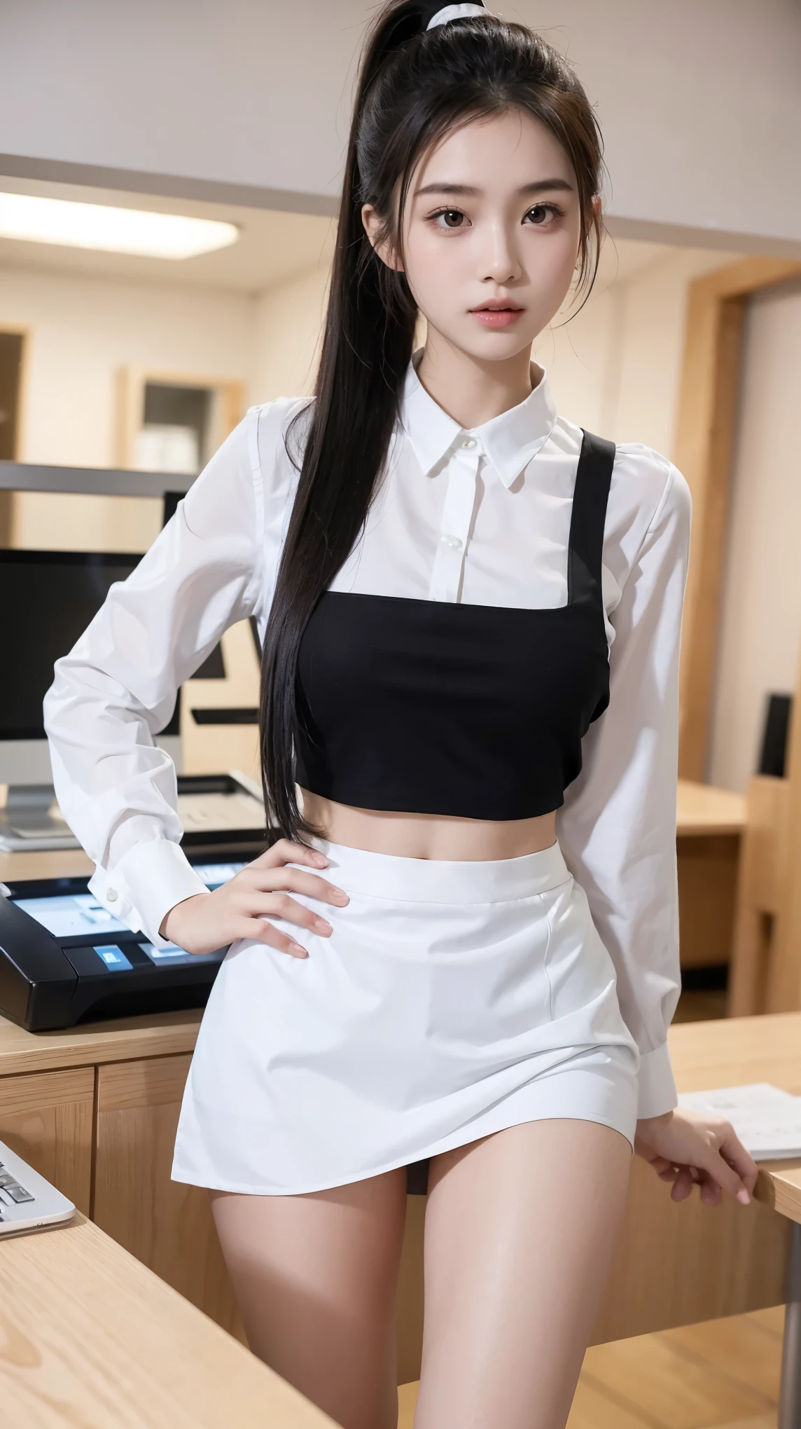 ((best quality)), ((masterpiece)), (detailed), perfect face, pretty face, beautiful female, beautiful body, e cup breast, ager female, cashier, minimarket cashier, cashier uniform, white blouse, black apron, mini skirt, ponytail, straight hair, perfect body, Stand behind the cashier's desk