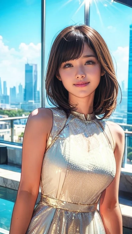 áo ngực mỏng; Beaming smile; brilliant sunshine; city background; see-through dress