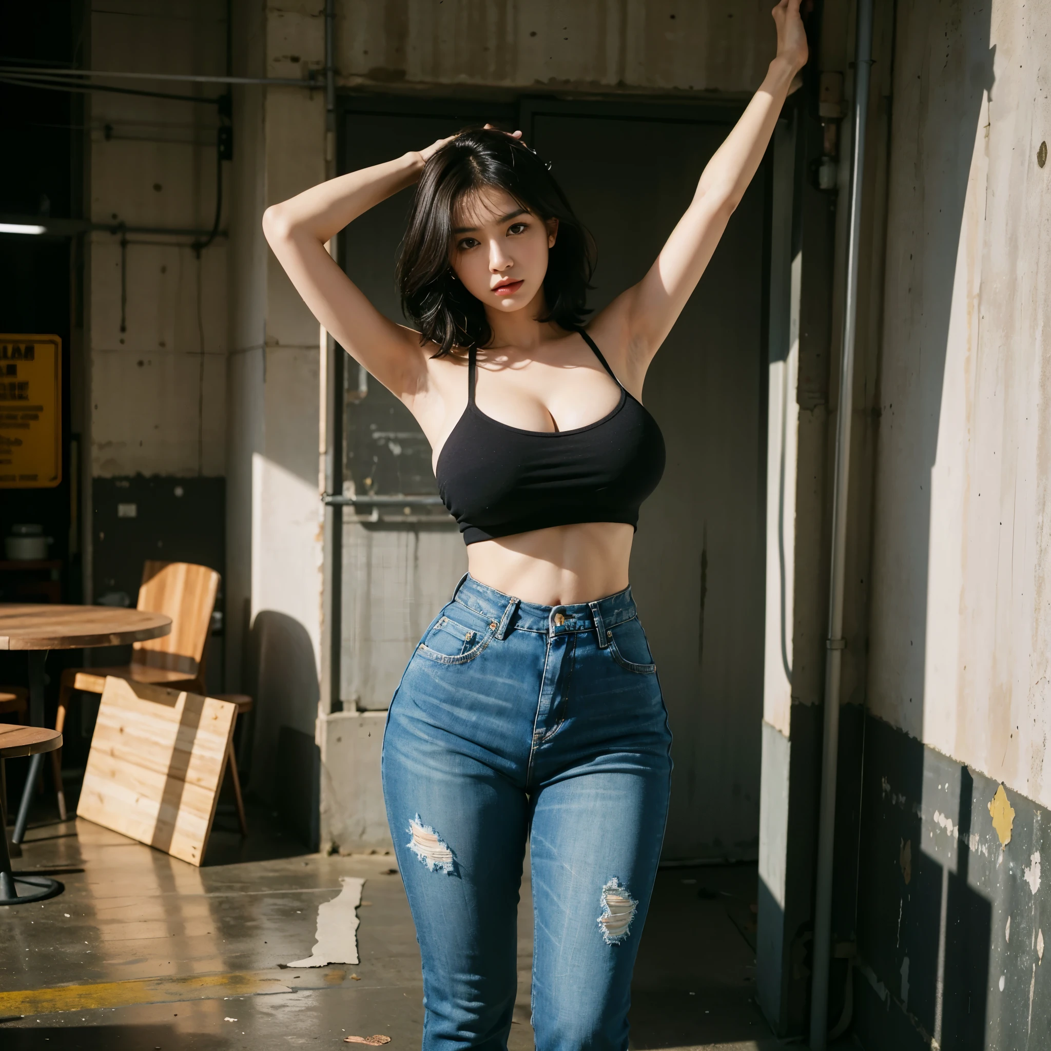 (front focus),(in the dark:1.6), (masterpiece, top quality, best, official art, beautiful and aesthetic),(masterpiece, top quality, best quality, official art, beautiful and aesthetic),(masterpiece, top quality, best quality, official art, beautiful and aesthetic:1.2), 1 malay girl, glitch art, (digital distortion), pixelated fragments, data corruption,colorful noise, visual chaos, (Bob hair, dark hair), ((stand, arms up)), (huge breast: 1.4), detail skin texture, in industrial cafe, concrete wall, ((Super Big thigh, Plump body)). denim hot pants, white t-shirt, wear Black Hijab.