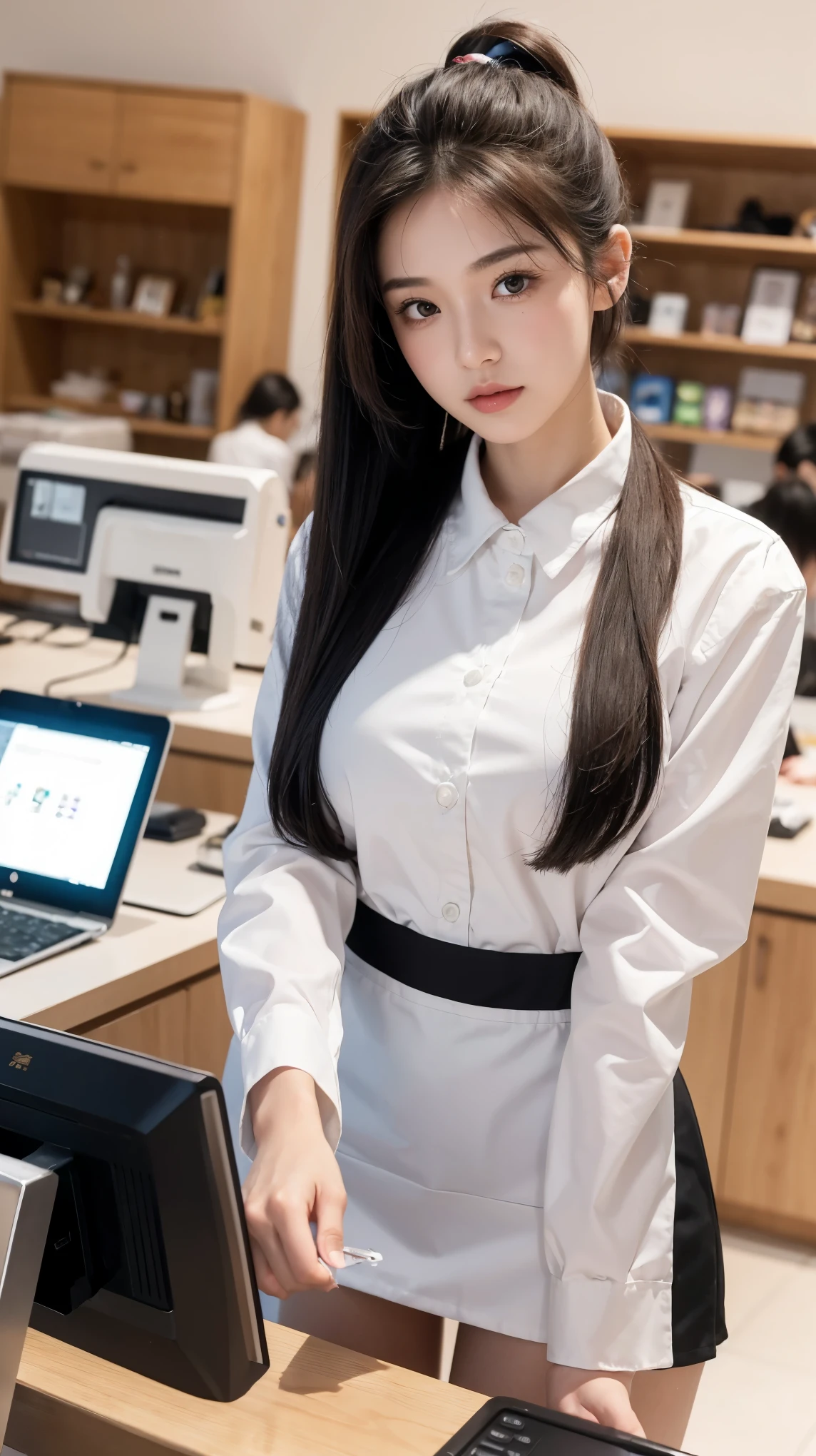 ((best quality)), ((masterpiece)), (detailed), perfect face, pretty face, beautiful female, beautiful body, e cup breast, ager female, cashier, minimarket cashier, cashier uniform, white blouse, black apron, mini skirt, ponytail, straight hair, perfect body, Stand behind the cashier's desk