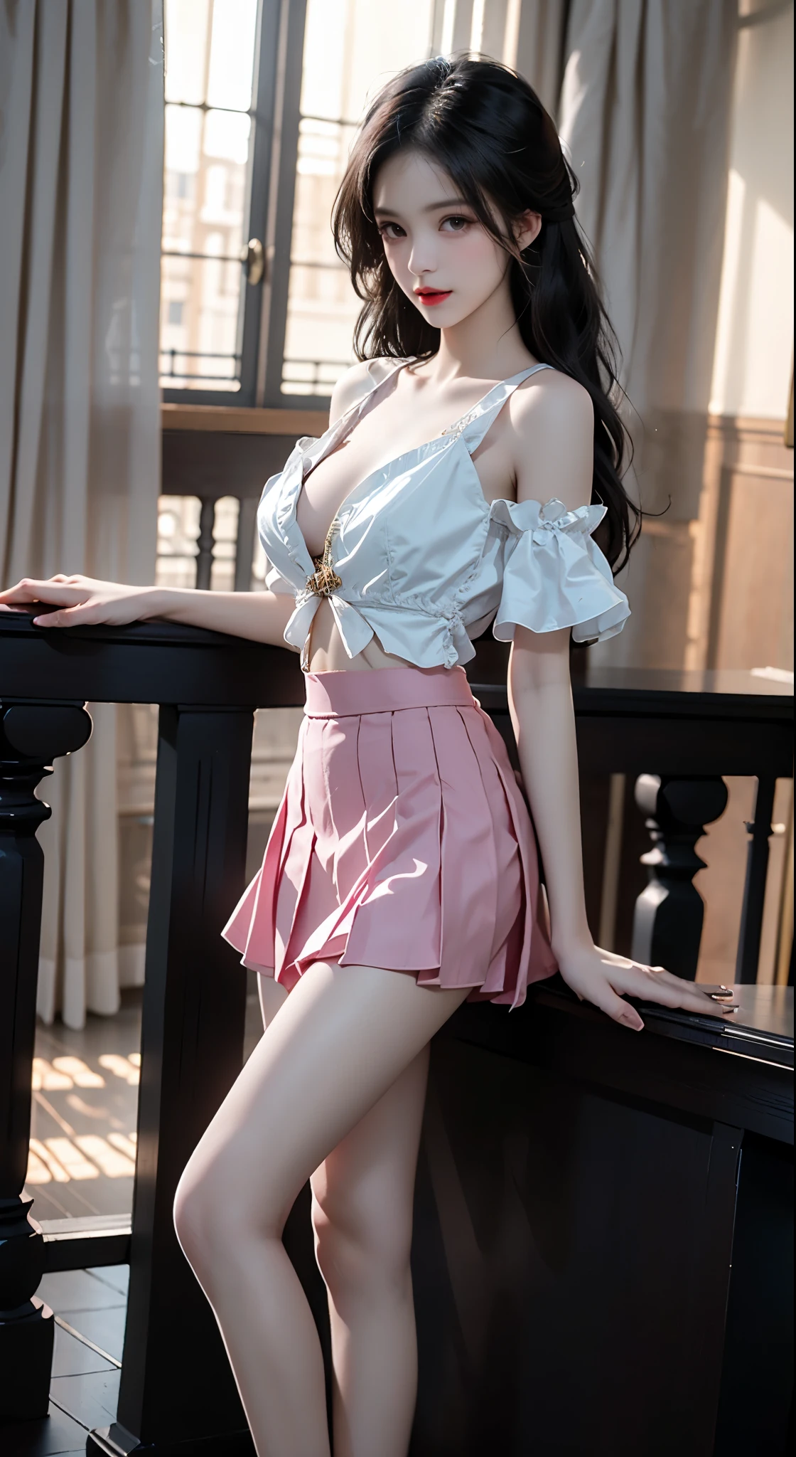 pleated skirt,pink skirt,pink sailor collar, ((Bare shoulders)), ((Full breasts)), ((The skirt is short)), ((Sexy legs)), ((whole body)), Practical, Fashion girl, Red lips, Mature women, Exquisite makeup, big eyes, beautiful, (best quality, masterpiece:1.2), The right hand, The right hand指, Anatomically correct, Ultra Detailed, (Practical:1.37), ((Random scenes, Random shooting angles)), ((Sexy long legs)), Young and energetic, Charming model, (Delicateeyes, Delicate lips), Show a bright smile, Create stunning girl images, warm color, Very high color saturation, Official Art, Extremely detailed CG, Unity 8K Wallpaper, (High Dynamic Range :1.4), (Movie atmosphere),(Soft colors), (Natural skin texture, ultra-Practical, Soft Light, sharp),(Very detailed), night, moonlight