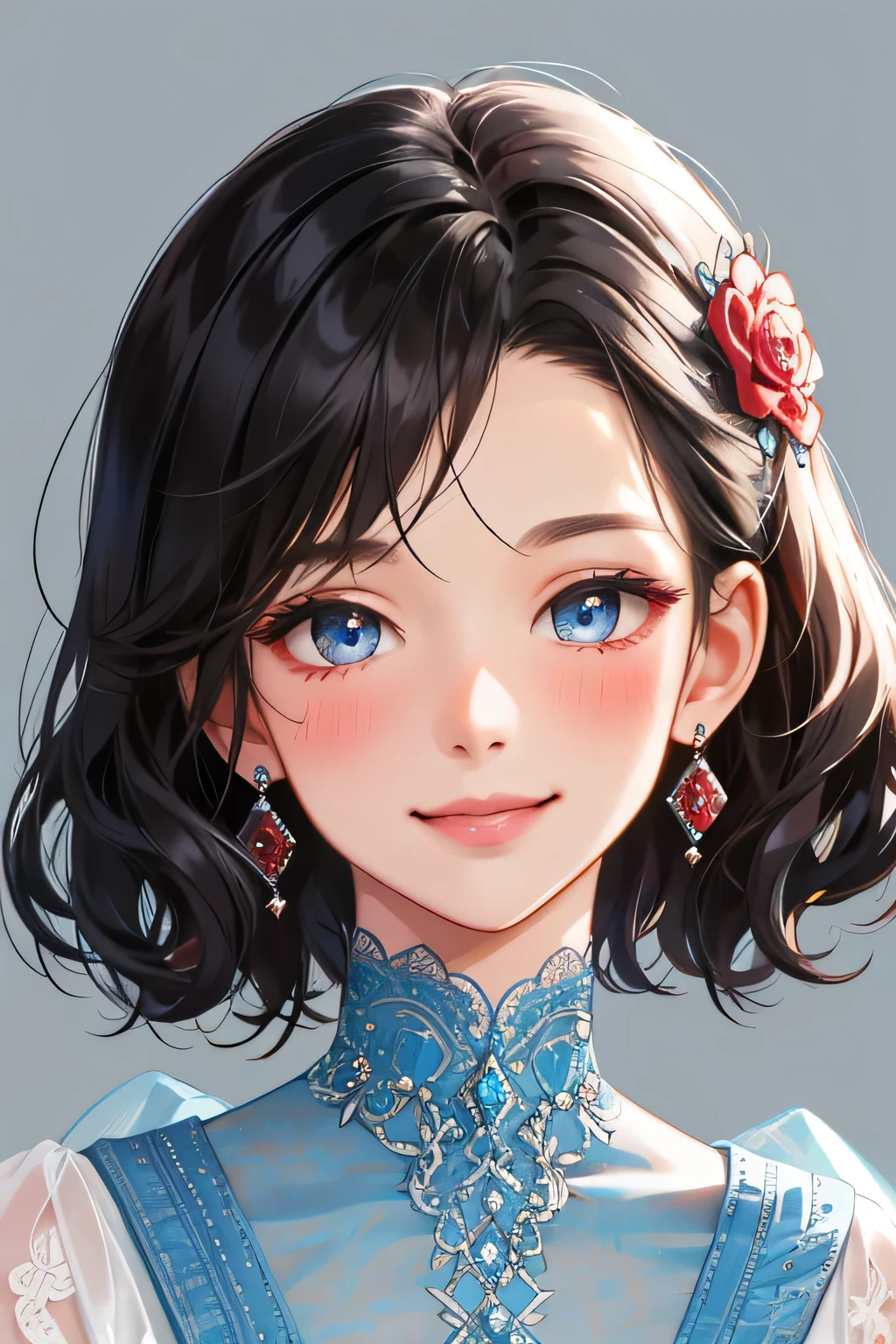 (extreamly delicate and beautiful:1.2), 8K,(masterpiece:1.0),(best_quality:1.0), 1 girl, and intricate detailing, Enlarged textures, and intricate detailing, finely eye and detailed face, and intricate detailing, shiraga, black curls short hair, (smile mouths), Perfect eyes, Equal eyes, blue ice eyes (A famale god) with red maroon dress modern, look at camera, look 50 years old, blush