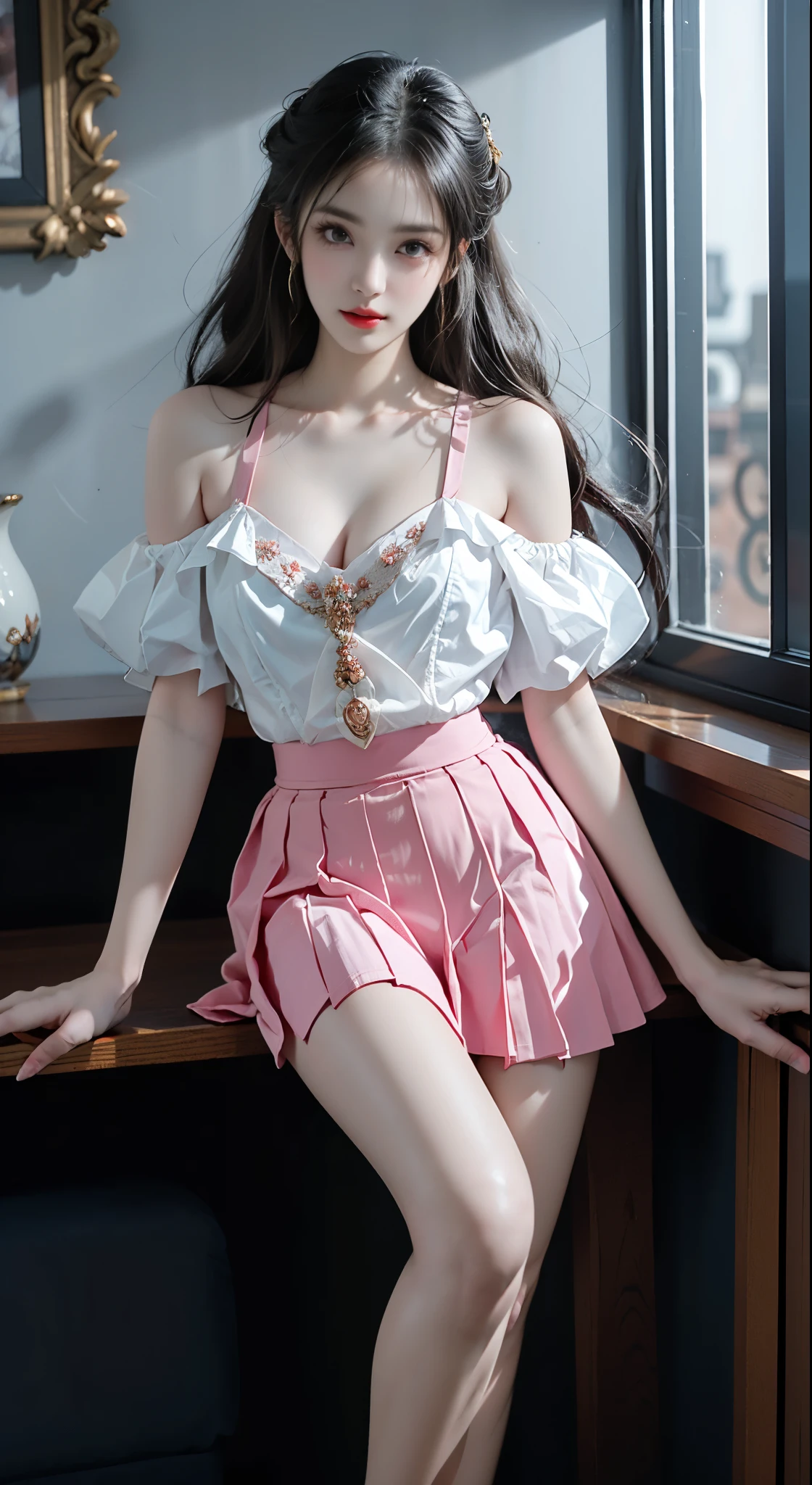 pleated skirt,pink skirt,pink sailor collar, ((Bare shoulders)), ((Full breasts)), ((The skirt is short)), ((Sexy legs)), ((whole body)), Practical, Fashion girl, Red lips, Mature women, Exquisite makeup, big eyes, beautiful, (best quality, masterpiece:1.2), The right hand, The right hand指, Anatomically correct, Ultra Detailed, (Practical:1.37), ((Random scenes, Random shooting angles)), ((Sexy long legs)), Young and energetic, Charming model, (Delicateeyes, Delicate lips), Show a bright smile, Create stunning girl images, warm color, Very high color saturation, Official Art, Extremely detailed CG, Unity 8K Wallpaper, (High Dynamic Range :1.4), (Movie atmosphere),(Soft colors), (Natural skin texture, ultra-Practical, Soft Light, sharp),(Very detailed), night, moonlight