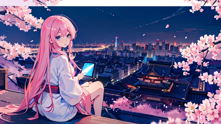 Anime images of Japan１People Girl、　blue eyes、　Pink long hair、　looking at laptop in room、　meditation、　Out of the window、　Tokyo cityscape、 night view、　cherry blossoms、 enlarge the view、　Size is 16:9 please