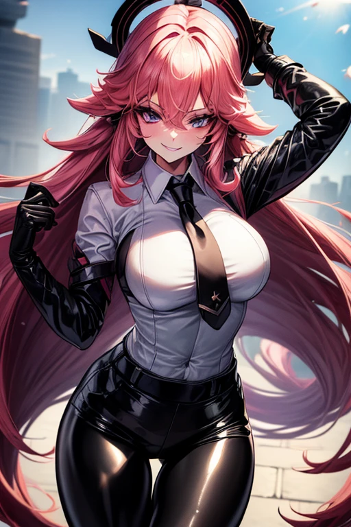 (Yaedef:1.4), 8k, highres, ultra detailed, (masterpiece:1.4), best quality, symmetrical body, (white collared shirt:1.4), (completely black leather leggins:1.4), cute, solo, long hair, pink hair, purple eyes, beautiful eyes, finely eye, wide smile, detailed face, looking at viewer, smilling at viewer, park, angled view, perfect breasts, black business suit, belt, necktie to navel length, white collared shirt, fit, perfect legs. black gloves, spy lady, belt, assasin, badass anime girl, shiny clothes,