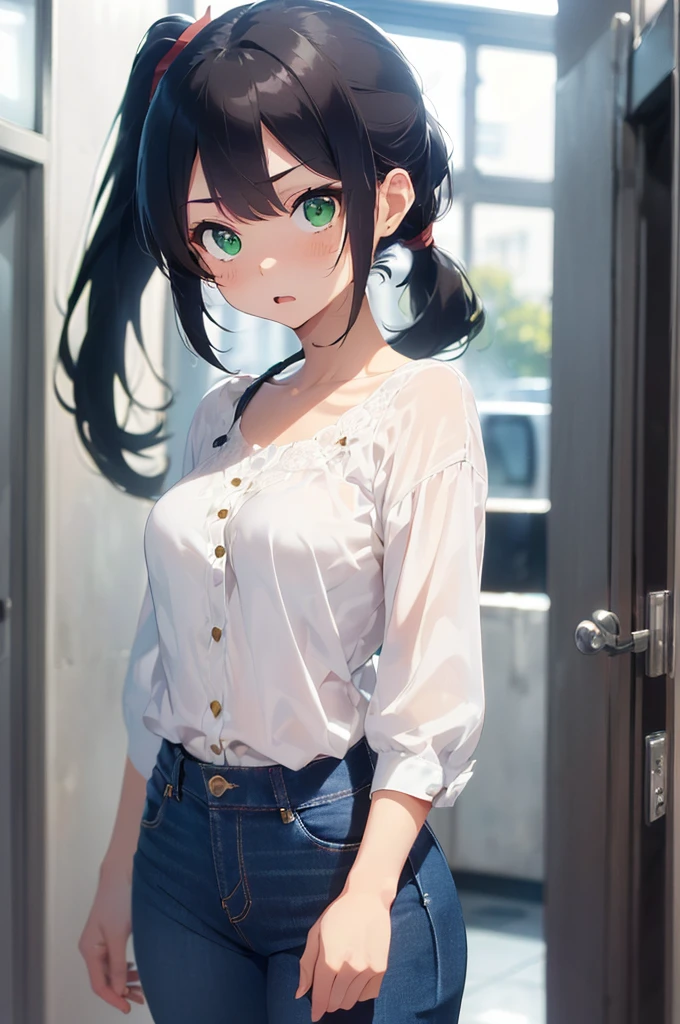 (((one woman,long hair,ponytail,bangs,slender face,sharp eyes,green eyes,detailed eyes,small breast,white blouse,navy jeans,surprised,flushed cheek))),masterpiece,extremely high quality,extremely fine and beautiful,hyper detail,dynamic resolution,sharp focus,anime style,watching at the viewer,at the station,1girl