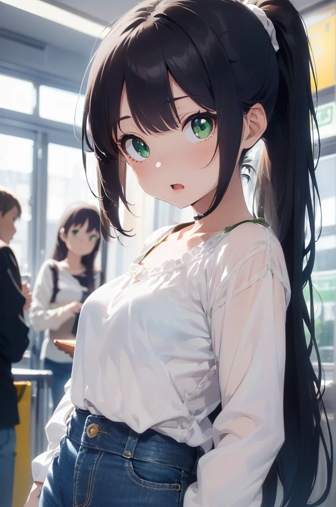(((one woman,long hair,ponytail,bangs,slender face,sharp eyes,green eyes,detailed eyes,small breast,white blouse,navy jeans,surprised,flushed cheek))),masterpiece,extremely high quality,extremely fine and beautiful,hyper detail,dynamic resolution,sharp focus,anime style,watching at the viewer,at the station,1girl