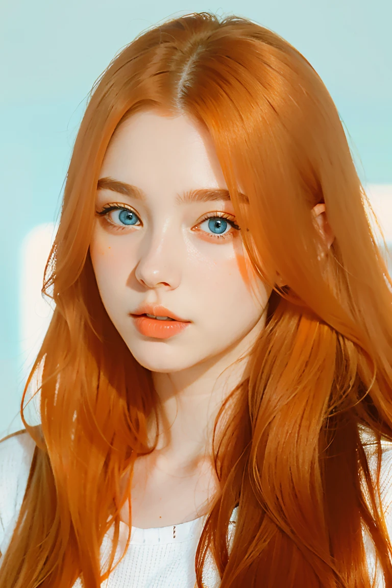 solo, very detailed, detailed face, very long hair, picture of a beautiful young woman, dasha_taran, sfw, ((natural orange hair)), beautiful natural blue eyes