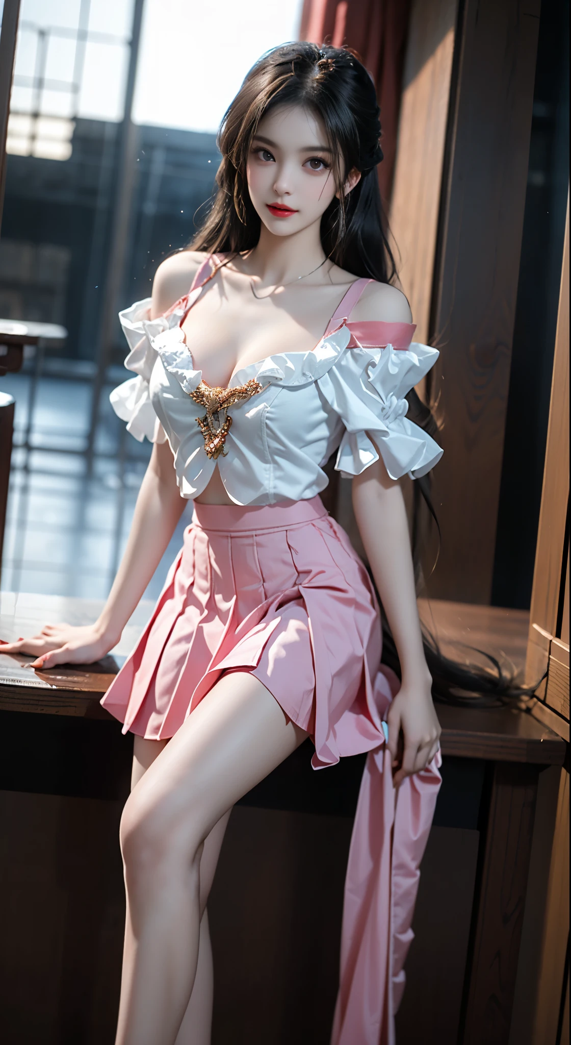 pleated skirt,pink skirt,pink sailor collar, ((Bare shoulders)), ((Full breasts)), ((The skirt is short)), ((Sexy legs)), ((whole body)), Practical, Fashion girl, Red lips, Mature women, Exquisite makeup, big eyes, beautiful, (best quality, masterpiece:1.2), The right hand, The right hand指, Anatomically correct, Ultra Detailed, (Practical:1.37), ((Random scenes, Random shooting angles)), ((Sexy long legs)), Young and energetic, Charming model, (Delicateeyes, Delicate lips), Show a bright smile, Create stunning girl images, warm color, Very high color saturation, Official Art, Extremely detailed CG, Unity 8K Wallpaper, (High Dynamic Range :1.4), (Movie atmosphere),(Soft colors), (Natural skin texture, ultra-Practical, Soft Light, sharp),(Very detailed), night, moonlight