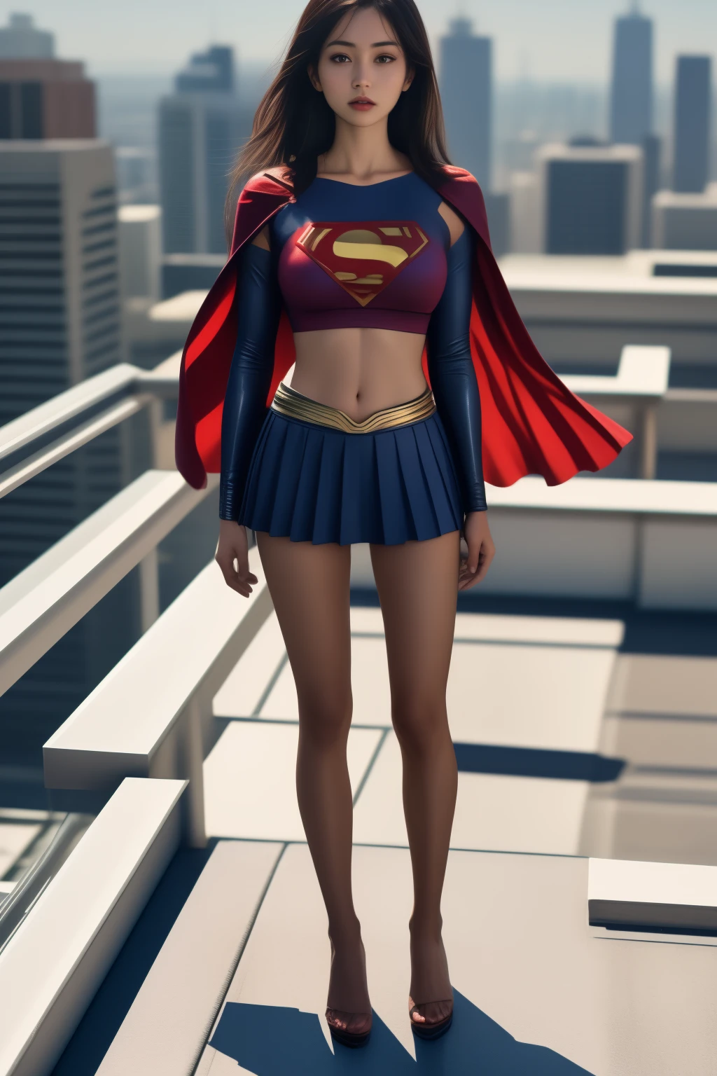 superman Standing on the Rooftop, full body shot from level, cropped tops and skirt