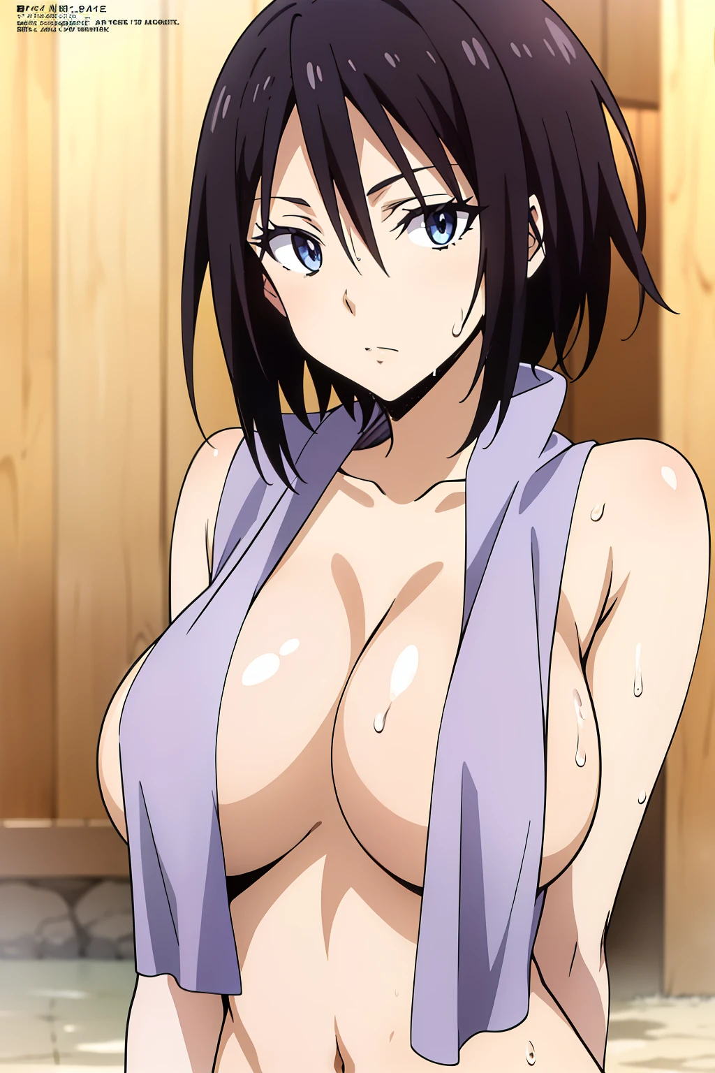 (anime cels style, Masterpiece, best quality, high resolution, anime colored, megami magazine:1.2, anime poster style, anime keyvisual, sharp, 8k, photorealistic), (beautiful eyes:1.5), sakaguchihinata\(ttigraas\), 1girl, cute, black hair, very short hair, large breast, cleavage, nude, (wet Towel over breasts), (upper body, sitting), (perfect detailed anatomy, perfect arms, perfect fingers, beautiful face, perfect body, shiny skin), onsen, wet