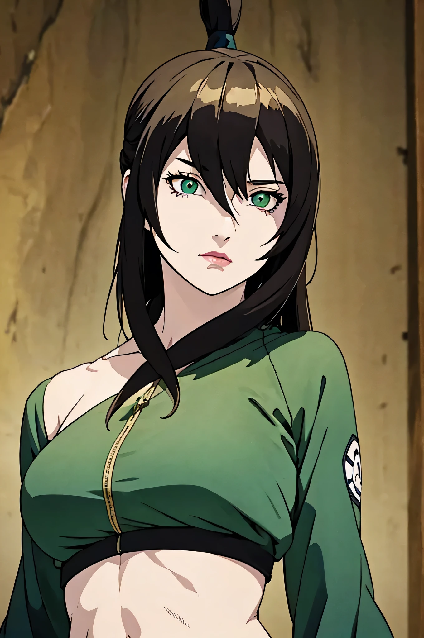 ((masterpiece, highest quality)), (solo focus), (perfect face:1.1), (high detail:1.1),dramatic, 1girl, (pale skin), Green eyes: 1.5, solo, long black hair, Hair over one eye), detailed background, Green clothes, earthbender, Mei from Naruto, (Abs:1.2), sfw,