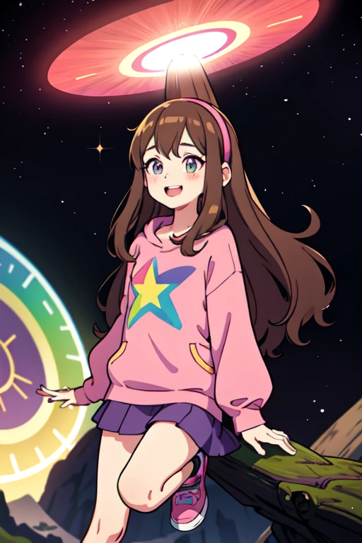 (medium:1.1), vibrate colors, Mabel Pines, day, masterpiece, best quality, Mabel, 1girl, ***, flat chest, beautiful detailed eyes, beautiful detailed lips, landscape, Gravity Falls symbols, depth of field, night, light particles, light rays, sidelighting, thighs, fate \(series\), solo, long hair, red sweater, long sleeves, brown hair, black eyes, pink hairband, rainbow \(symbol\), violet skirt, smile, braces, open mouth, sweet, shoes, blush stickers, round teeth, buck teeth, tree, blue sky, wide hips, outdoors, Gravity Falls style, stars, glitter
