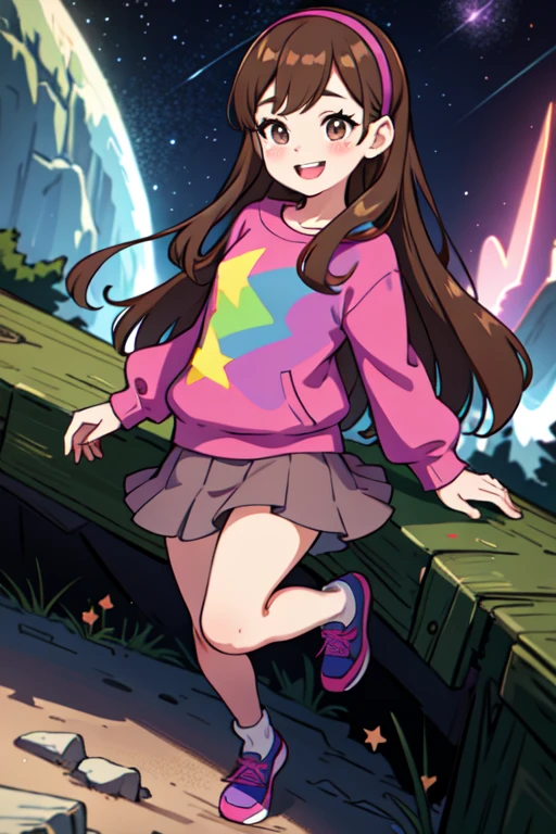 (medium:1.1), vibrate colors, Mabel Pines, day, masterpiece, best quality, Mabel, 1girl, ***, flat chest, beautiful detailed eyes, beautiful detailed lips, landscape, Gravity Falls symbols, depth of field, night, light particles, light rays, sidelighting, thighs, fate \(series\), solo, long hair, red sweater, long sleeves, brown hair, black eyes, pink hairband, rainbow \(symbol\), violet skirt, smile, braces, open mouth, sweet, shoes, blush stickers, round teeth, buck teeth, tree, blue sky, wide hips, outdoors, Gravity Falls style, stars, glitter
