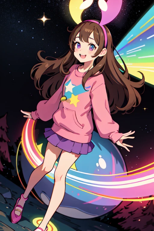 (medium:1.1), vibrate colors, Mabel Pines, day, masterpiece, best quality, Mabel, 1girl, ***, flat chest, beautiful detailed eyes, beautiful detailed lips, landscape, Gravity Falls symbols, depth of field, night, light particles, light rays, sidelighting, thighs, fate \(series\), solo, long hair, red sweater, long sleeves, brown hair, black eyes, pink hairband, rainbow \(symbol\), violet skirt, smile, braces, open mouth, sweet, shoes, blush stickers, round teeth, buck teeth, tree, blue sky, wide hips, outdoors, Gravity Falls style, stars, glitter
