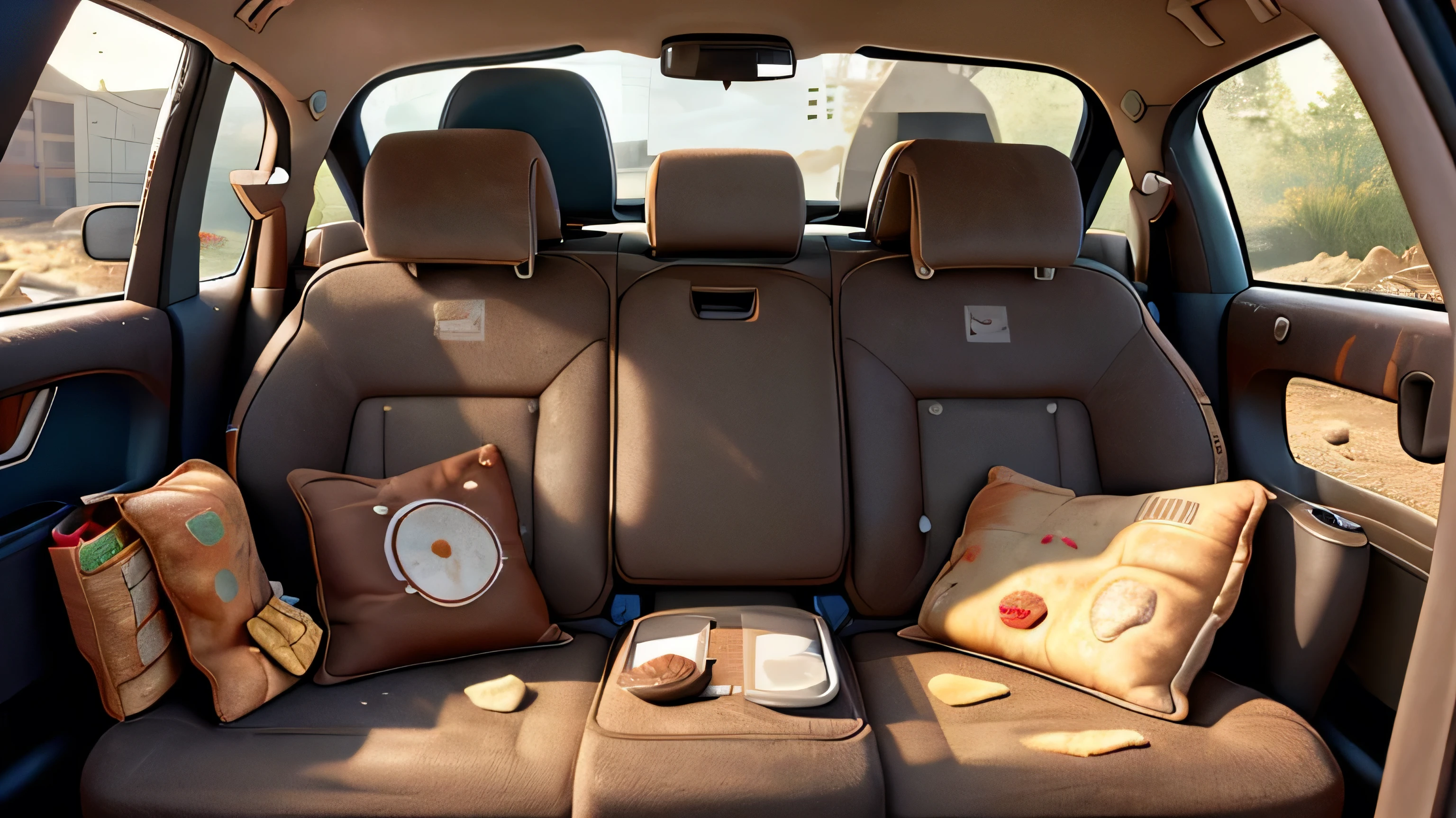 Create an image of a car seat covered in layers of dirt and crumbs, the upholstery obscured by a thick layer of grime. Among the debris, notice scattered potato chips, crushed snack bags, and the remnants of spilled drinks, highlighting Whiskers' likely intention to address the filthy seat mañana.