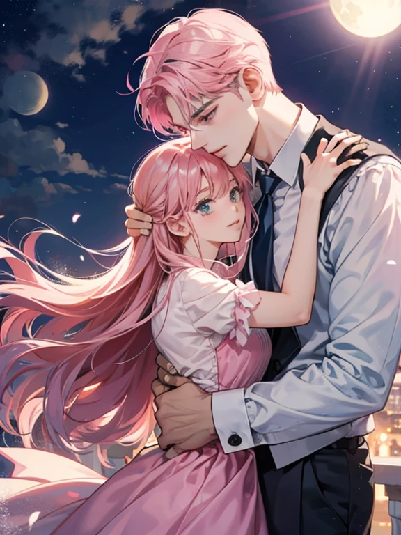 night，rays of moonlight，couple，hug、pink hair