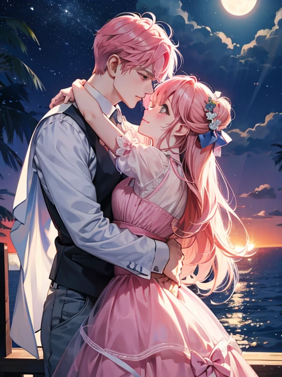 night,rays of moonlight,couple,hug、pink hair