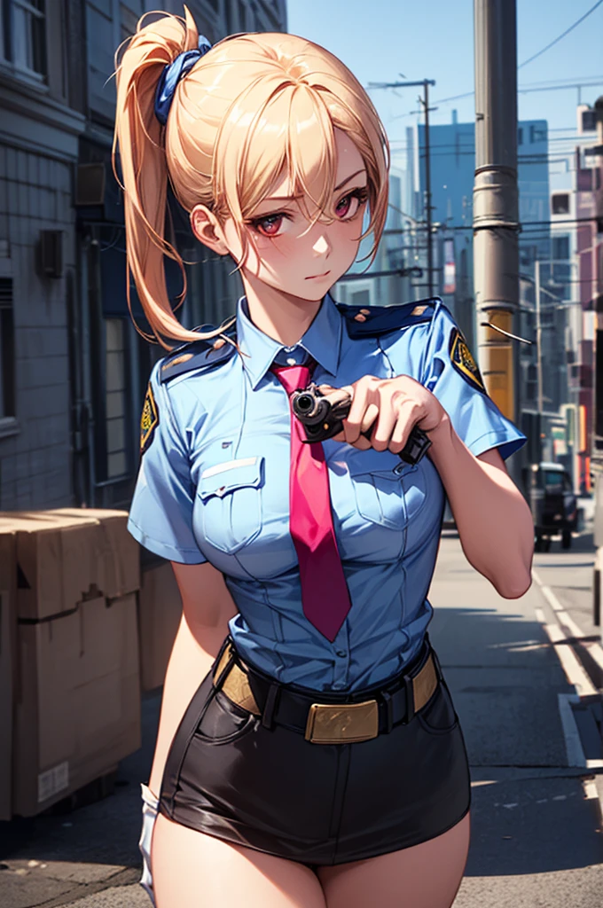 (((perfect anatomy, super detailed skin))), 1 girl, japanese, police girl, shiny skin, large breasts:0.5, looking away, looking up, watching the view,
beautiful hair, beautiful face, beautiful detailed eyes, (long hair:1.5, side ponytail:1.7), blond hair, bangs, hair between eye, red eyes,
beautiful clavicle, beautiful body, beautiful chest, beautiful thighs, beautiful legs, babyface, mole under eye,
((policewoman uniform, light blue short sleeved shirt, navy necktie, high waisted miniskirt), belt, white gloves, police hat, handcuffs), seductive thighs,
(((aiming at viewer, holding pistol, handgun))), ,
(beautiful scenery), wasteland, burning city,
8k, top-quality, masterpiece:1.2, extremely detailed), (realistic, photorealistic:1.2), beautiful illustration, cinematic lighting,