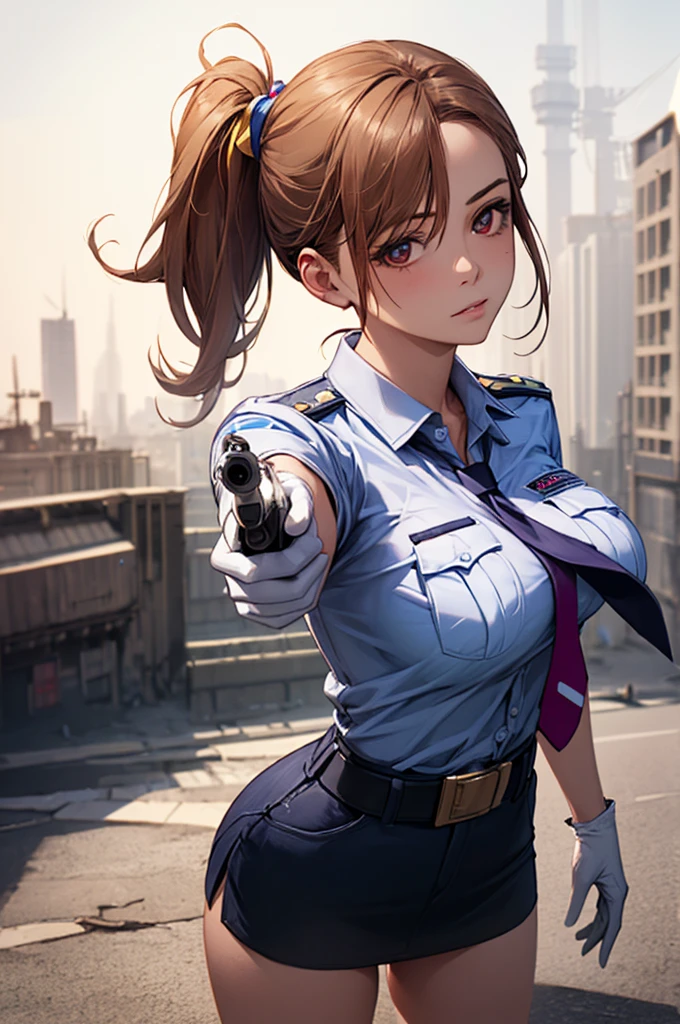 (((perfect anatomy, super detailed skin))), 1 girl, japanese, police girl, shiny skin, large breasts:0.5, looking away, looking up, watching the view, 
beautiful hair, beautiful face, beautiful detailed eyes, (long hair:1.5, side ponytail:1.7), blond hair, bangs, hair between eye, red eyes, 
beautiful clavicle, beautiful body, beautiful chest, beautiful thighs, beautiful legs, face, mole under eye, 
((policewoman uniform, light blue short sleeved shirt, navy necktie, high waisted miniskirt), belt, white gloves, police hat, handcuffs), seductive thighs, 
(((aiming at viewer, holding pistol, handgun))), , 
(beautiful scenery), wasteland, burning city, 
8k, top-quality, masterpiece​:1.2, extremely detailed), (realistic, photorealistic:1.2), beautiful illustration, cinematic lighting,