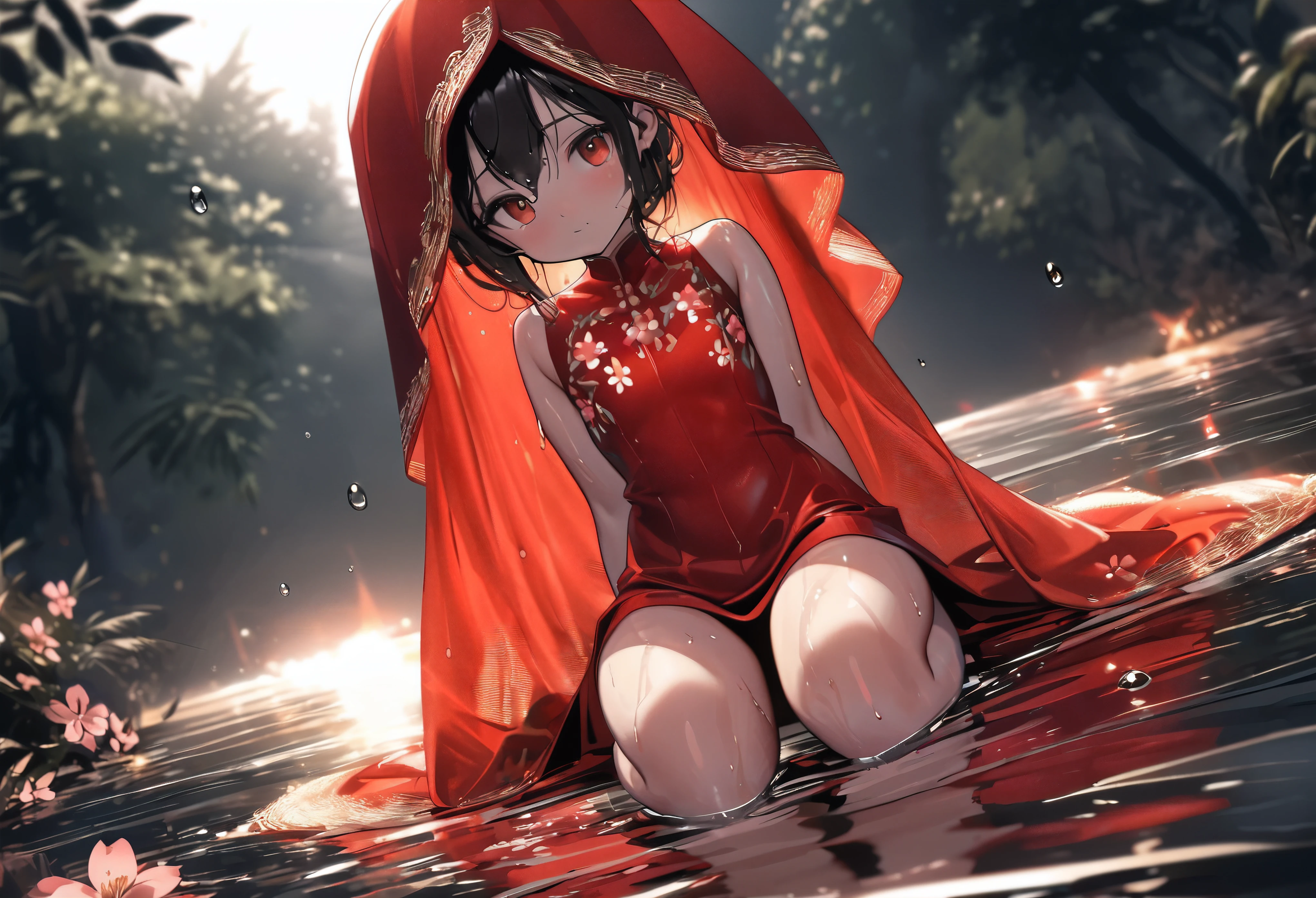 A girl sitting in the water wearing a red dress and a red cape, guweiz, 4k anime-style artwork, guweiz's artwork on ArtStation and Pixiv, a girl squatting in an anime style, 4k anime wallpaper, 8k anime art wallpaper, by Shitao in the style of guweiz. (best quality,4k,8k,highres,masterpiece:1.2), ultra-detailed, (realistic,photorealistic,photo-realistic:1.37), HDR, UHD, studio lighting, ultra-fine painting, sharp focus, physically-based rendering, extreme detail description, professional, vivid colors, bokeh, portraits, landscape, anime, photography, concept artists, vibrant colors, soft lighting.