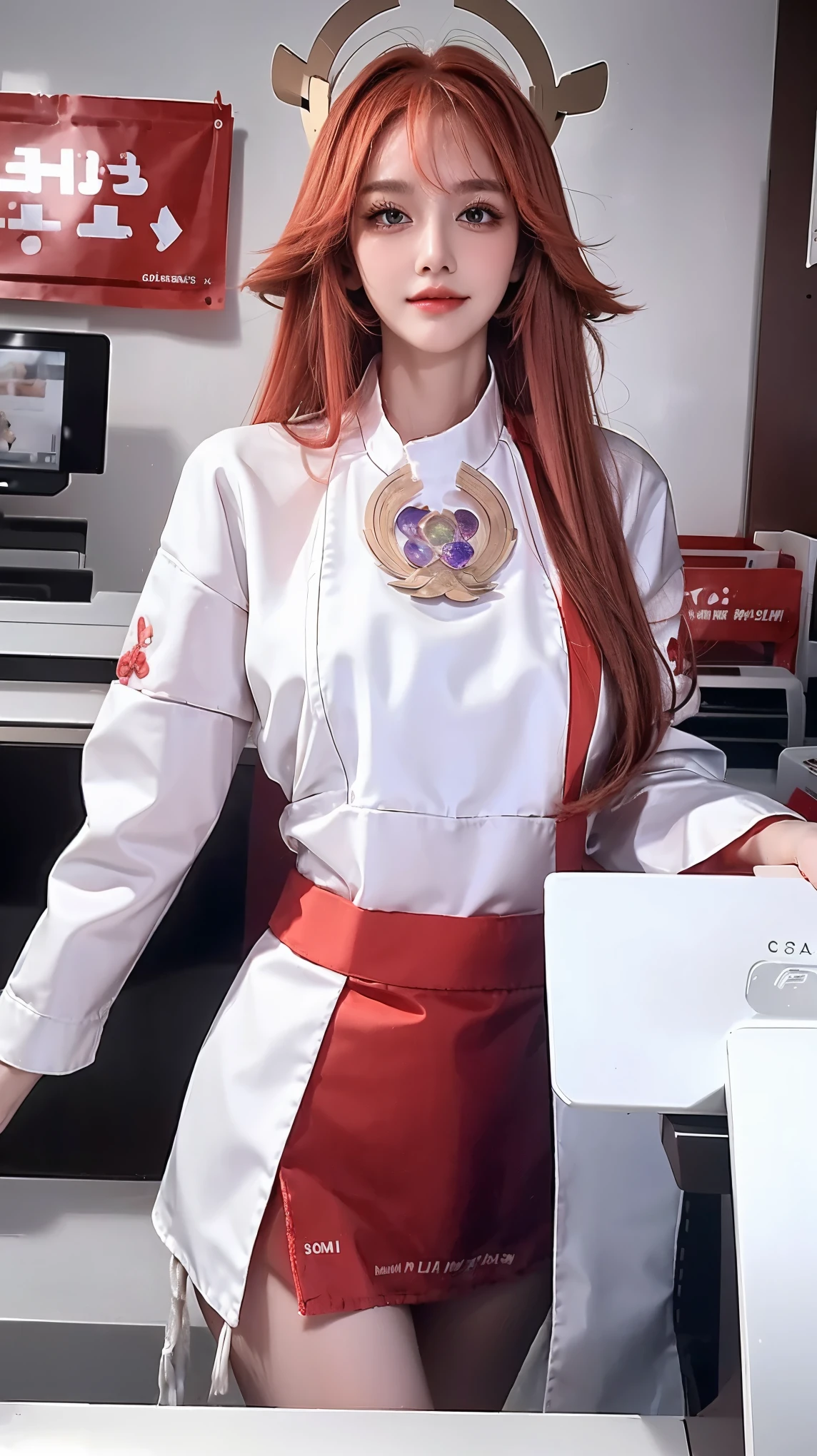 ((best quality)), ((masterpiece)), (detailed), perfect face, pretty face, beautiful female, beautiful body, e cup breast, cashier, minimarket cashier, cashier uniform, white blouse, black apron, mini skirt, perfect body, Stand behind the cashier's desk
