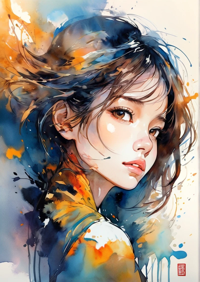 Absurd, High resolution, Super detailed, (One girl:1.3), Cute breaking expressive brush strokes, Ink painting, Gradation, , Poetic atmosphere, A delicate balance, fluid motion , Section