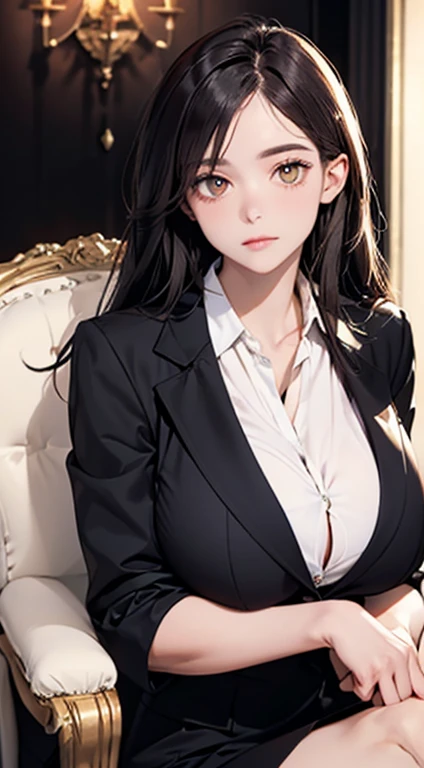 ((Best quality, Masterpiece :1.3)), Sharp focus , (huge breasts :1.4), (Blazer over very thin white button up shirt :1.1),sitting chair in meeting :1.2, Highly detailed face and skin texture, Detailed eyes, Double eyelid, golden eyes, gorgeous , long hair , jacket ,