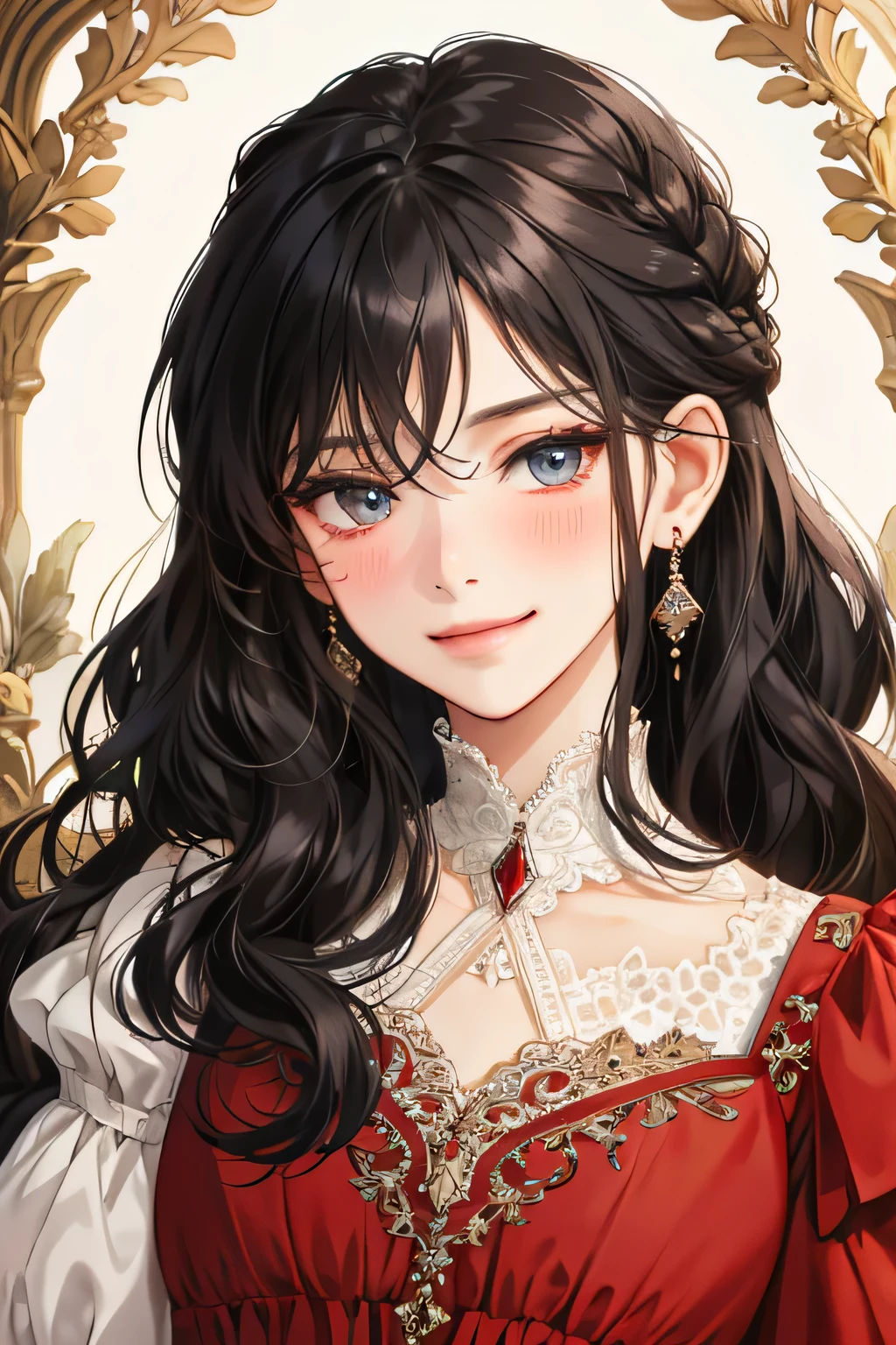 (extreamly delicate and beautiful:1.2), 8K,(masterpiece:1.0),(best_quality:1.0), 1 girl, and intricate detailing, Enlarged textures, and intricate detailing, finely eye and detailed face, and intricate detailing, shiraga, black curls long hair, (smirk mouths), Perfect eyes, Equal eyes, carolina eyes (A famale god) classic red dress modern, look at camera, look 50 years old, blush