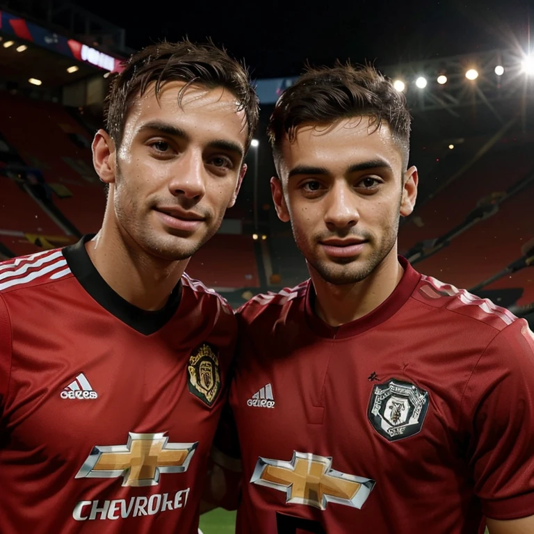 
A handsome man wearing a Manchester United jersey is taking a photo with Manchester United player Bruno Fernandes at Old Trafford
