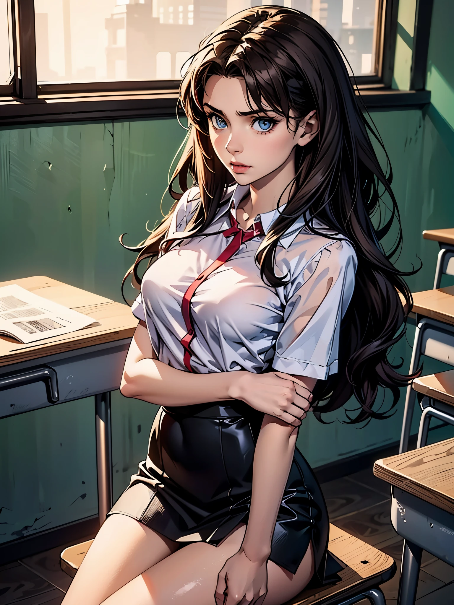 a hyper realistic, detailed matured woman, Rin Tohsaka, dark brown hair, extra long and wavy, small beautiful breasts, slim waist, hourglass figure, sexy, sexy , short black skirt, tight rede shirt hugging her curves, beautiful, absolutely stunning, in a classroom, looking seductively at camera,