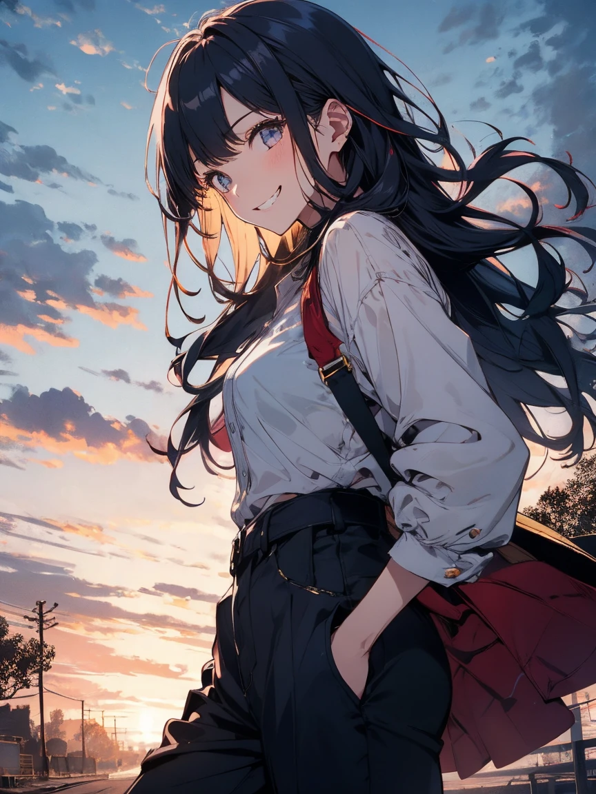 1girl、Cowboy Shot、highest quality、cute、alone、Grin、From the side、Golden hour sky