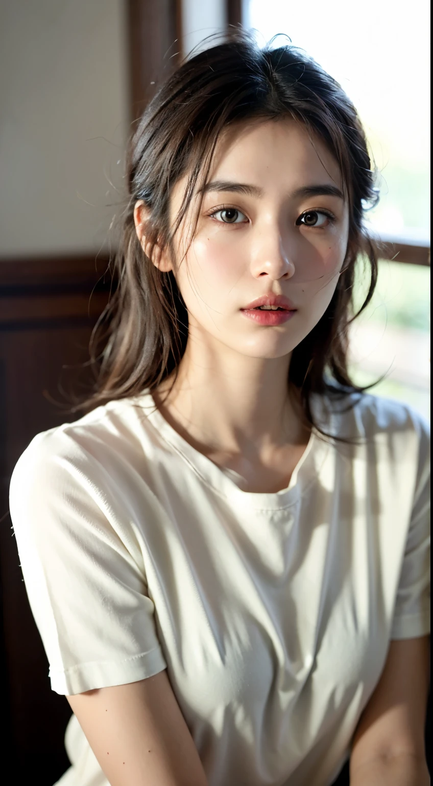 Wear, (photo Practical:1.4), (hyper Practical:1.4), (Practical:1.3), (Smoother lighting:1.05), (Improve movie lighting quality:0.9), 32k, 1 Girl,20 year old girl, Practical lighting, Backlight, There is light on the face, Ray Tracing, (Bright Lights:1.2), (quality improvement:1.4), (Highest quality real texture skin:1.4), Delicate eyes, Delicate face, Exquisite eyes, (Tired, sleepy and satisfied:0.0), Close-up of face, t-shirt, (Increase body line emotions:1.1), (Enhance Skin Texture Beauty:1.1)