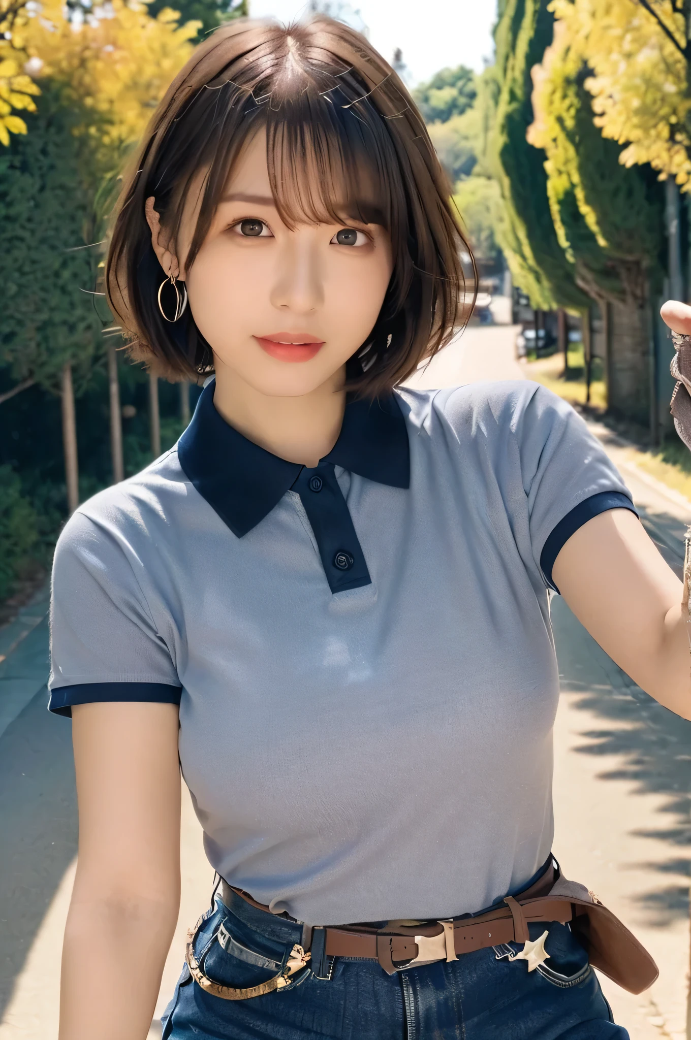 1girl.(RAW shooting:1.3)、(Photorealistic:1.3)、(masterpiece:1.3)、(highest quality:1.3)、Super detailed、High resolution、(Depth of written boundary)、(Detailed eyes)、(Detailed facial features)、(Detailed fingers)、(Detailed clothing features)、High resolution、8k、Skin Tightening、(Glowing Skin)、Landscape Gestic.Age 35、(Brown Hair)、(Medium Short Hair:1.5)、(Straight hair:1.3)、Hair blowing in the wind、avert your eyes、(Cowboy Shot:1.3)、(Dynamic pose)、(Smile)、Navy blue polo shirt、Denim skirt、Rich milk、Lens flare、Shining with colored light、Fantastic lighting、Forest rays、(Daytime cityscape, Busy Street,  Expressing the vibrant charm of a bustling metropolis under the sun.)、