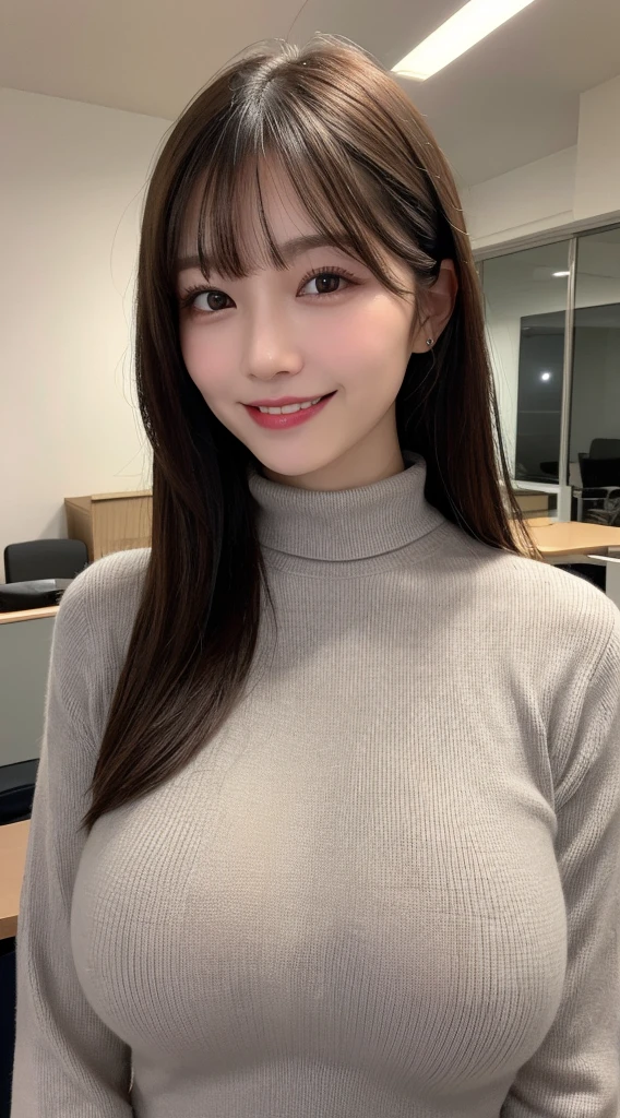 highest quality,Very detailed,finely,High resolution,8k wallpaper,Perfect dynamic composition,Office Lady,whole body,Are standing,knit,turtleneck,Shedding bangs,finelyて美しい目,Natural Lip,(Saggy big breasts:1.3),smile,