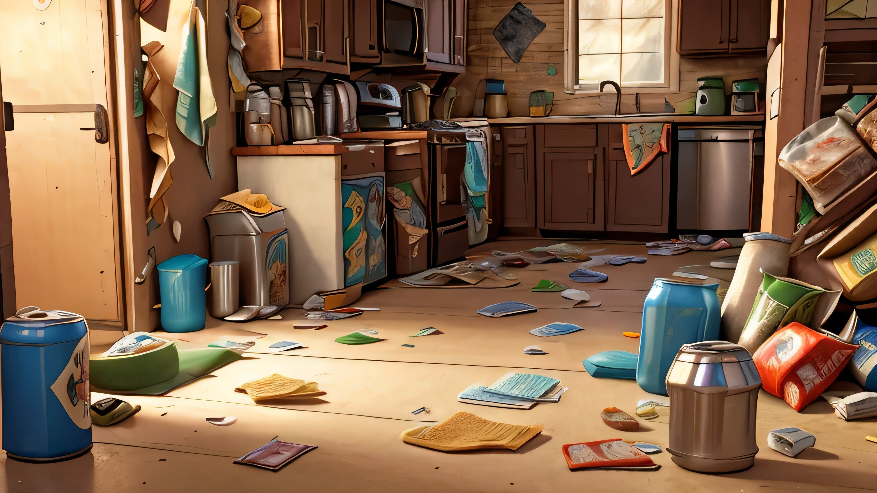 Picture a chaotic kitchen scene with a countertop strewn with empty beer cans and crumpled snack wrappers, remnants of a raucous gathering. Among the debris, spot discarded chip bags, crushed soda cans, and remnants of spilled snacks, emphasizing the aftermath of the festivities Whiskers intends to address mañana.