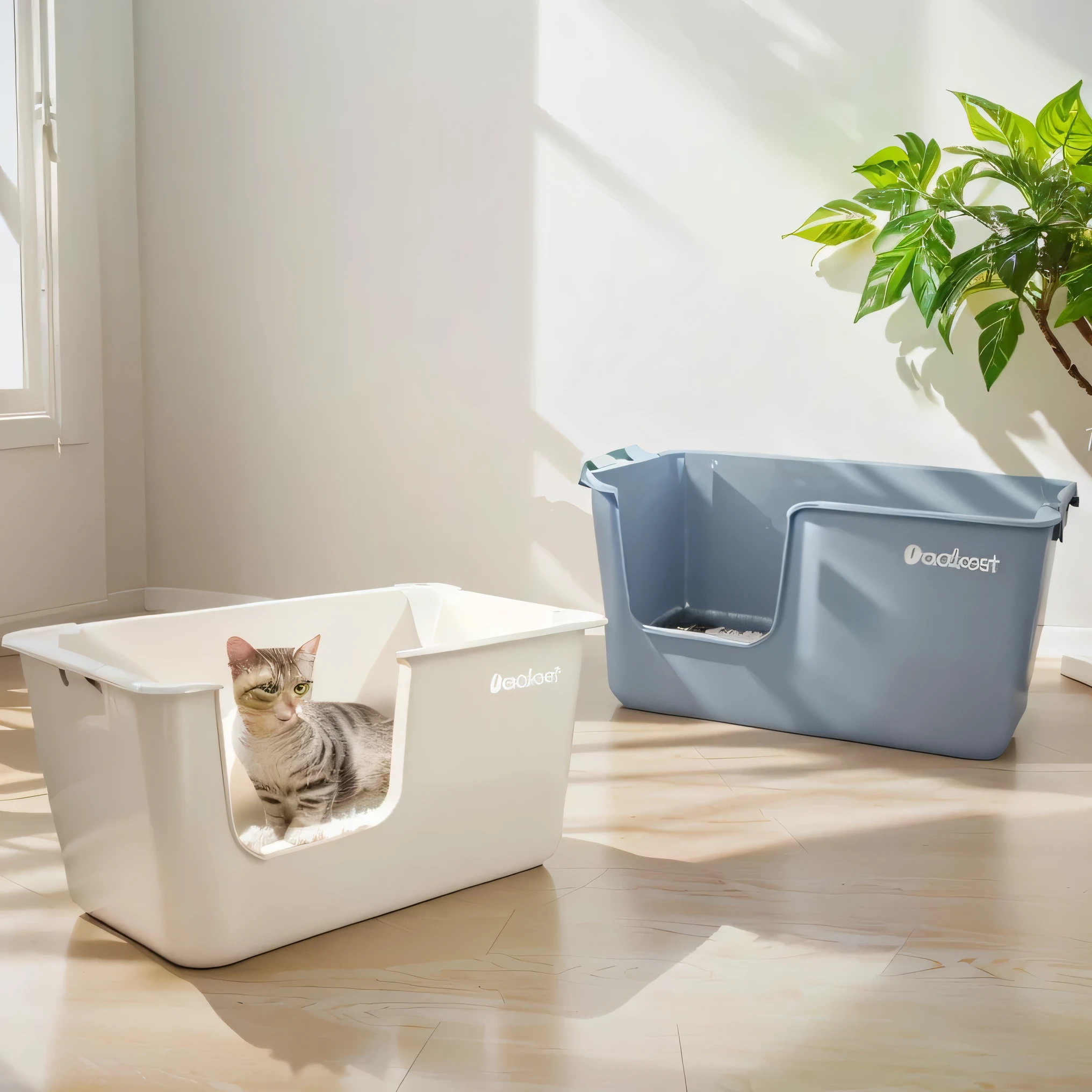 A cat sitting in the litter box，There is a plant next to it, Designed for comfort and aesthetics!, Bottom Angle, Official product images, A big one, Handsome, detailed picture, product photo, Product introduction photos, Domestic, High-quality images, Soft and warm, 2 colors, official product photo, flat, Asymmetry, Product introduction photos