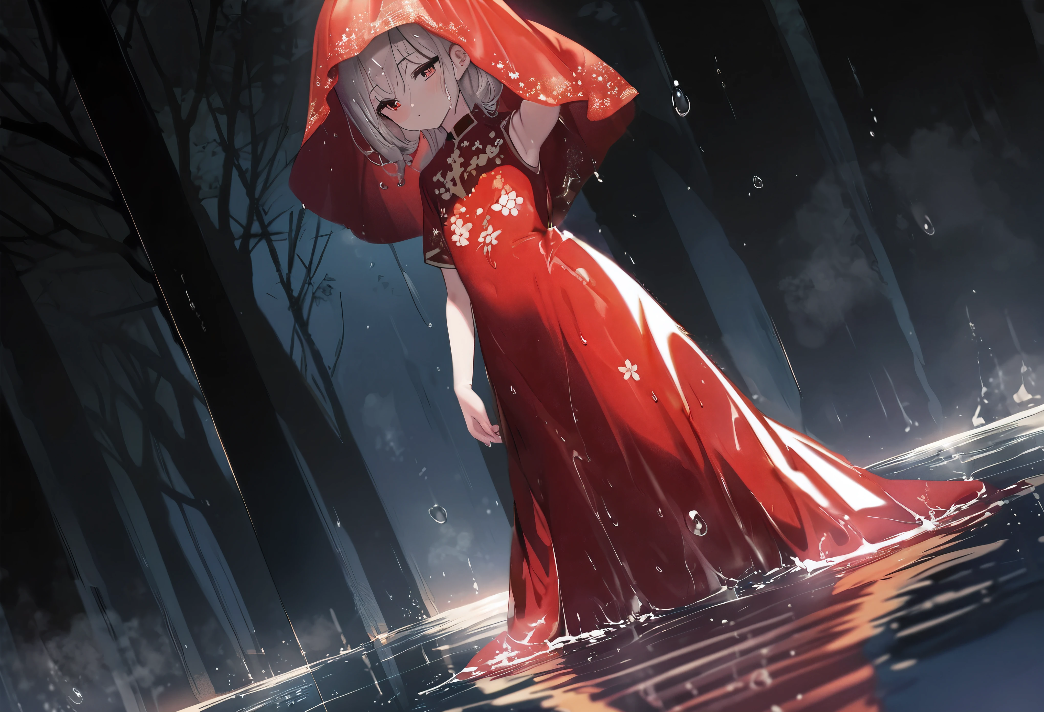 (Dramatic angle), (very young little girl was dressed in a very large red dress and phoenix red veil, with a red veil over her head, she have a beautiful appearance, her slender and beautiful figure), (wet, wet body, wet hair, wet skin, very wet dress, reflection on the wet dress, delicate blossom embroidery, subtle water droplets:1.15), (water spray:1.1), (best dress wrinkle, Transparent mucus wrapping:1.1),(bare feet), little girl was surrounded and boarded the Seven Treasure Incense Car, slowly driving towards the underworld, The sky became increasingly dim, and the evening breeze blew through the trees, leaving a desolate scene, The sound of festive music in her ears was like a funeral song, and the long road seemed to lead to the underworld