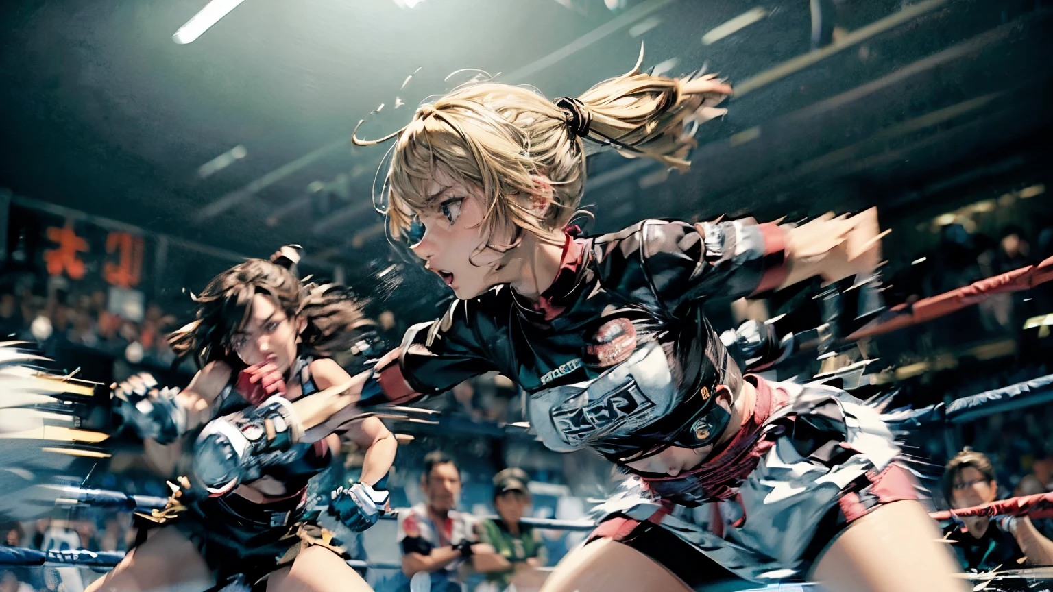 8k wallpaper of extremely detailed CG unit, ​masterpiece, hight resolution, top-quality, top-quality real texture skin,hyper realisitic, digitial painting,increase the resolution,RAW photosbest qualtiy,highly detailed,the wallpaper,two teen women,two teen women are hard pancing each other at boxing fight,2women,teen,cute,kawaii,hair floating,messy hair,blonde hair and dark hair,messy hair,pony tail hair and short hair,skin color white,eye color blue or dark,eyes shining,big eyes,breast,sports wear,angry face,punching each other,(boxing gloves),dynamic pose,dynamic angle,sweat, BREAK ,(motion blur on gloves:2.0),boxing ring,1boxing referee,audiences,(when drawing the hand please draw them very correctly for sure),[nsfw:2.0],