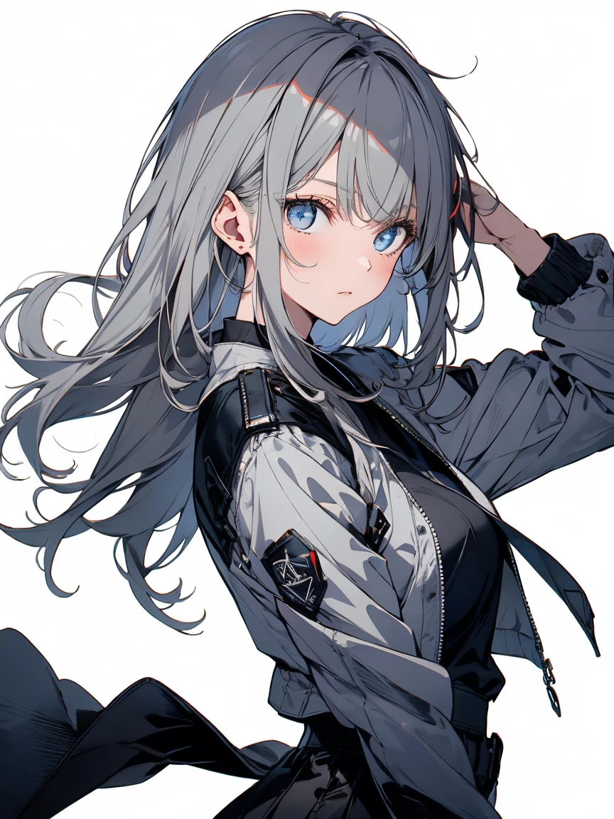 【highest quality, Tabletop】 [One Girl, coat, Expressionless, positive, (Gray Hair:1.5),Straight hair, (Shortcuts:1.4),(blue eyes:1.3), Oversized black jacket, Black Skirt, Take off your jacket, Large Breasts,Upper Body] (Gray white background:1.5),Japanese sword,