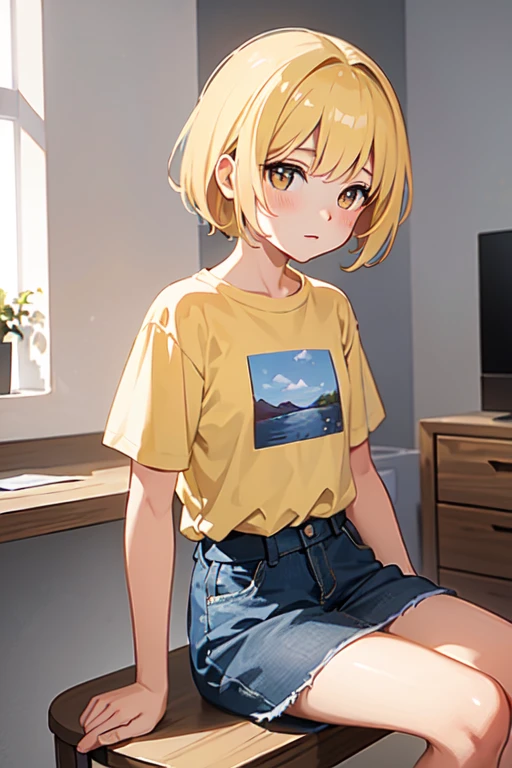 (Obra maestra, of the highest quality), 1 chica, , , , (camisetas, children'bragas estampadas), sin falda, acostada en la cama, sonrisa, divertido, gran angular, Luz tenue, mejor sombra, acuarela, vista desde sus pies