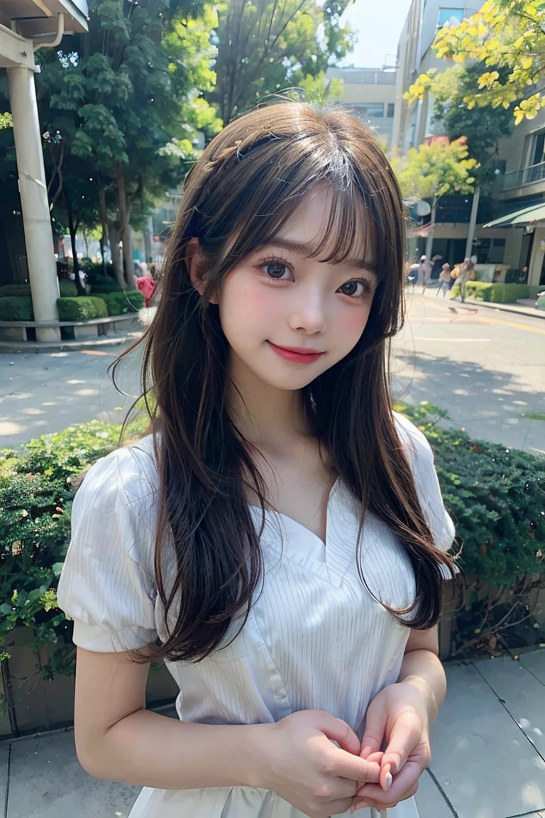 (((masterpiece))) ( Background : outdoor theme : bright : crowded cuty ) ( character : Tomoyo : long smooth hair : fit body : lolicon : small breast : innocent smile : wearing  )