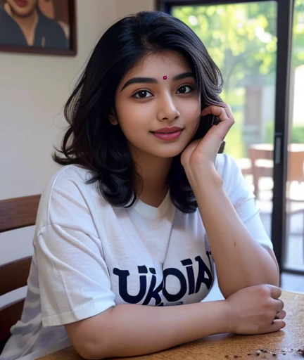 (((desi Indian girl))), chubby face and charming hair, natural skin (((highly detailed face and skin texture, 8k, ultrarealistic))), ((Masterpiece: 1.3, best quality, crisp focus)), fit girl, expensive room, girl wearing large t-shirt, sitting in a chair next to table, enjoying coffee, happy face, coffee cup on table, red lipstic