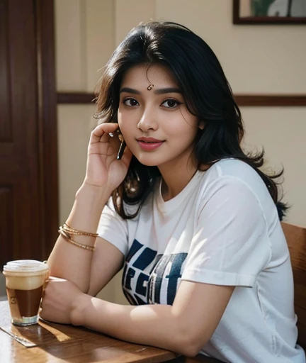 (((desi Indian girl))), chubby face and charming hair, natural skin (((highly detailed face and skin texture, 8k, ultrarealistic))), ((Masterpiece: 1.3, best quality, crisp focus)), fit girl, expensive room, girl wearing large t-shirt, sitting in a chair next to table, enjoying coffee, happy face, coffee cup on table, red lipstic
