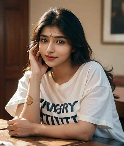 (((desi Indian girl))), chubby face and charming hair, natural skin (((highly detailed face and skin texture, 8k, ultrarealistic))), ((Masterpiece: 1.3, best quality, crisp focus)), fit girl, expensive room, girl wearing large t-shirt, sitting in a chair next to table, enjoying coffee, happy face, coffee cup on table, red lipstic