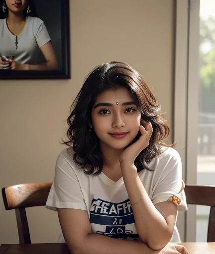 (((desi Indian girl))), chubby face and charming hair, natural skin (((highly detailed face and skin texture, 8k, ultrarealistic))), ((Masterpiece: 1.3, best quality, crisp focus)), fit girl, expensive room, girl wearing large t-shirt, sitting in a chair next to table, enjoying coffee, happy face, coffee cup on table, red lipstic