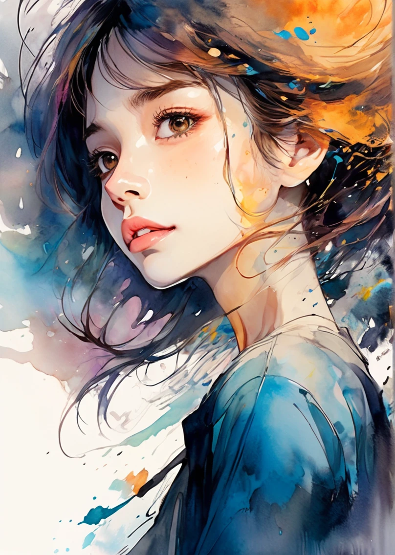 Absurd, High resolution, Super detailed, (One girl:1.3), Cute breaking expressive brush strokes, Ink painting, Gradation, , Poetic atmosphere, A delicate balance, fluid motion , Section