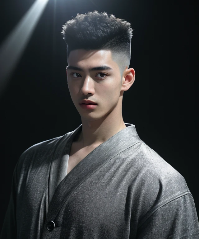 (8k, RAW Photos, highest quality,High resolution, masterpiece: 1.2). (Realistic, Realistic: 1.37),((Light on face:1.2)),((Cinema Lighting:1.2)),(Photorealism:1.4),(Real Image),(Photographic images),20-year-old,((Japanese)),(male:1.3), (High Top Fade:1.4), Dark Theme, Calm tone, Calm colors, High Contrast, (Natural skin texture, Hyperrealism, Soft Light, sharp),(Black suit:1.2)