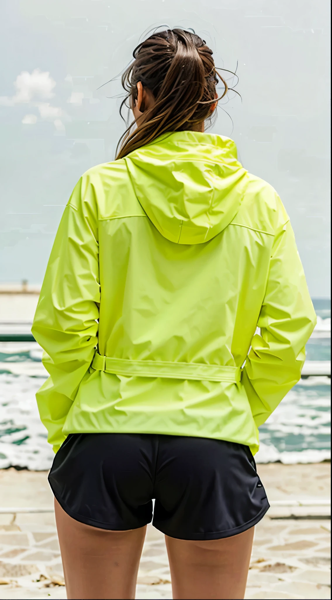 a woman in a yellow jaqueta and black shorts standing, roupas esportivas, roupas esportivas, vista traseira, vista traseira also, Green Lemon, sports jaqueta, vista traseira, de volta - tiro, verde neon, vestindo um moletom amarelo, jaqueta, roupas verdes, Hodie Mihi Cras Tibi, vestindo roupas de alta visibilidade, material reflexivo, 3 / 4 vista traseira